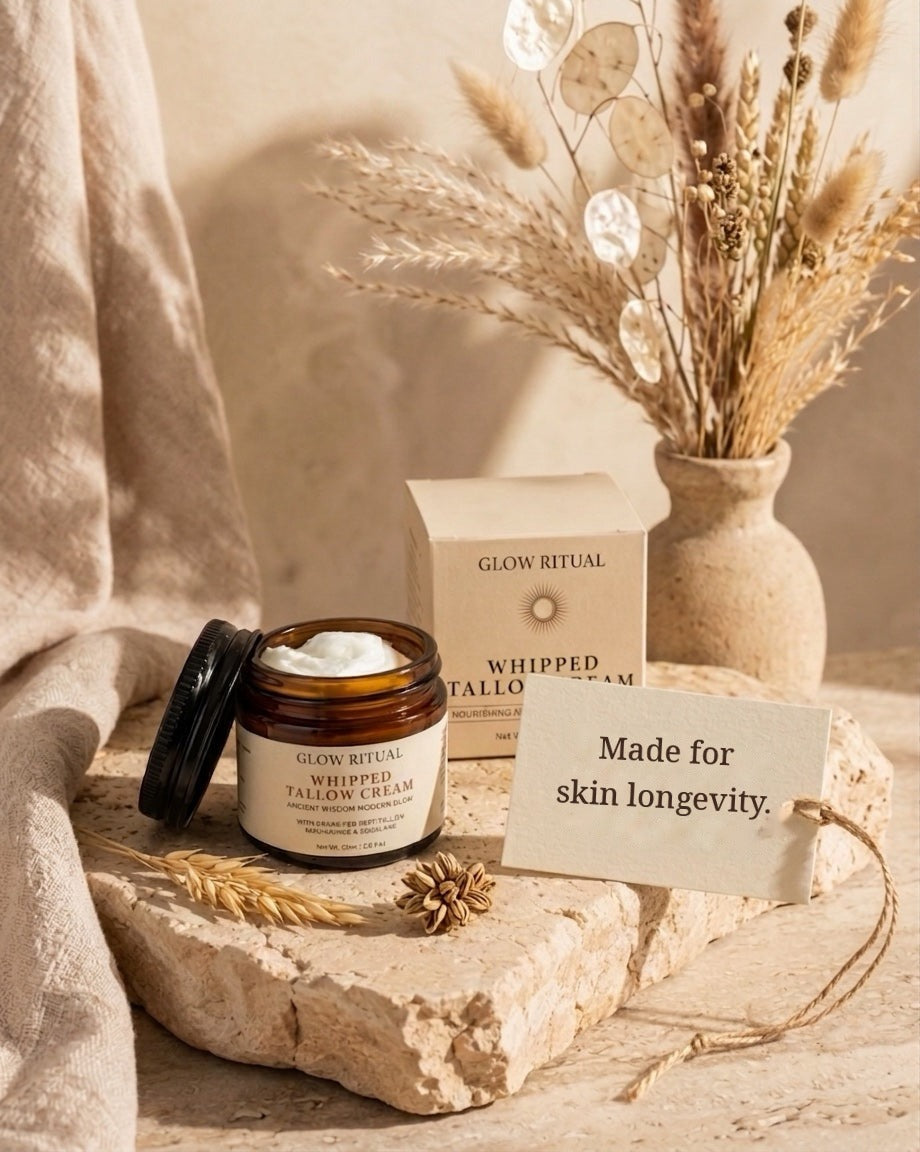 Glow Ritual Advanced Formula Tallow Moisturiser with Skin Actives & Nourishing Botanicals jar and box