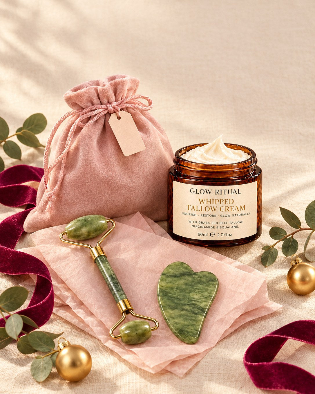 Jade roller, gua sha and pink velvet pouch gifted with Glow Ritual Whipped Tallow Cream