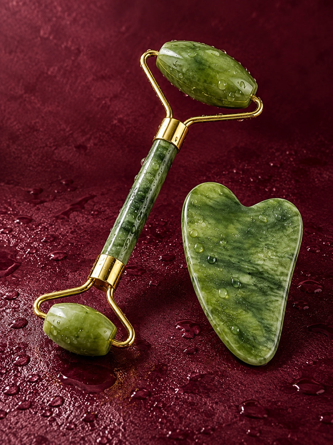 Jade roller and gua sha on a deep berry background