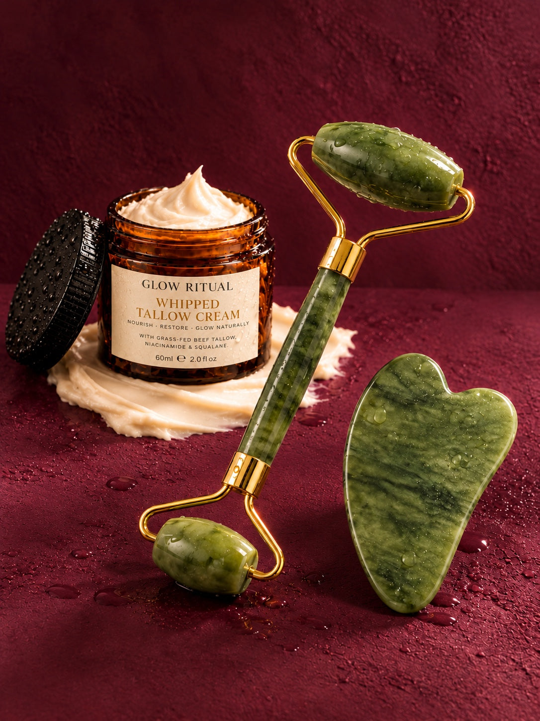 Glow Ritual Whipped Tallow Cream with the jade roller and gua sha on deep berry