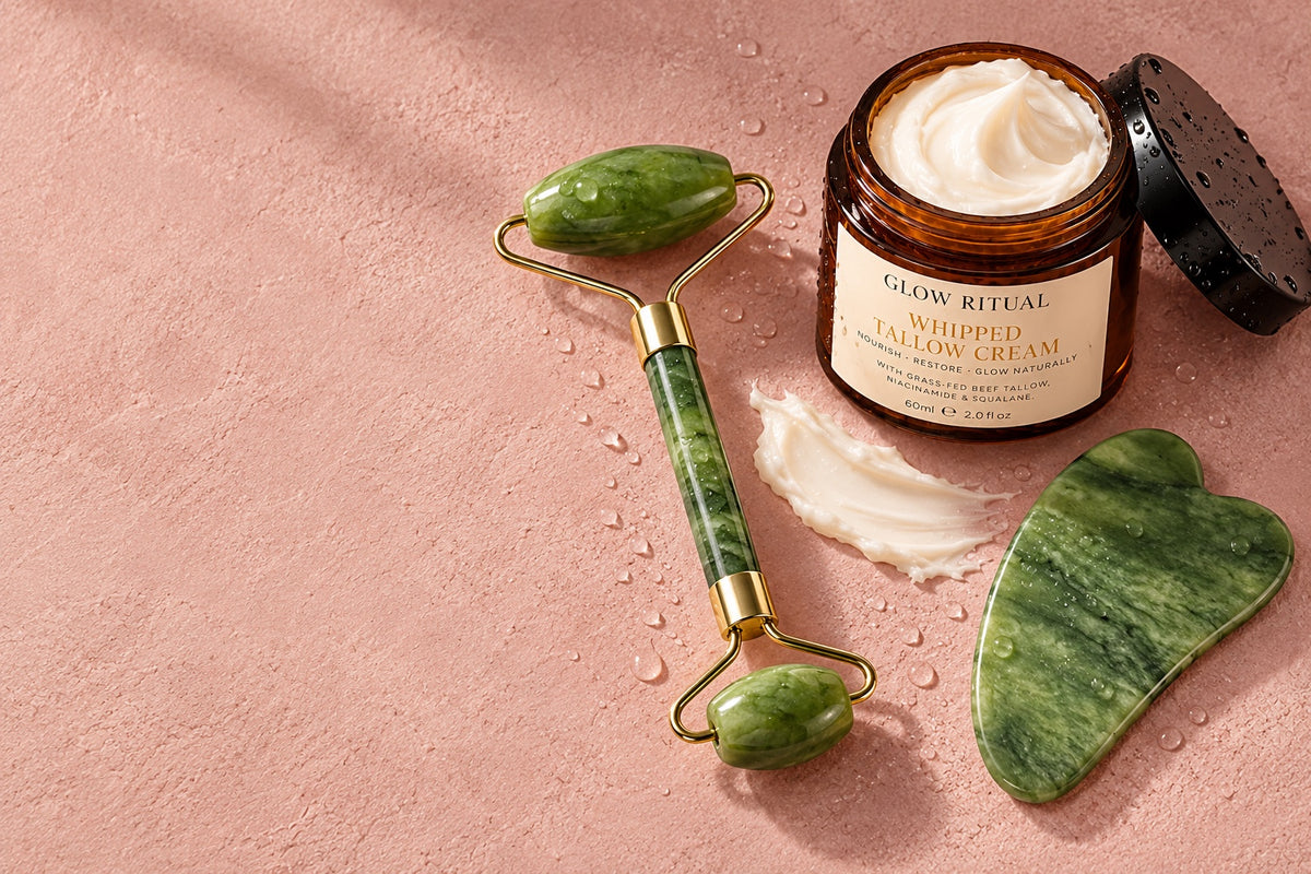 Glow Ritual Whipped Tallow Cream with the jade roller and gua sha on blush pink