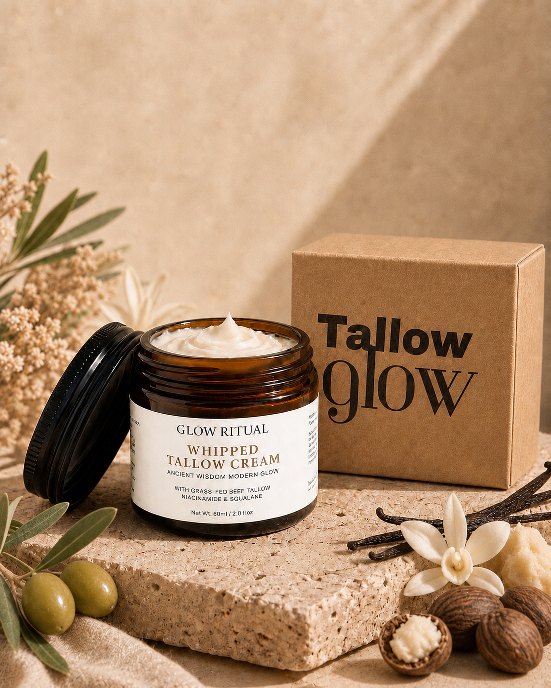Glow Ritual Whipped Tallow Cream jar beside its box