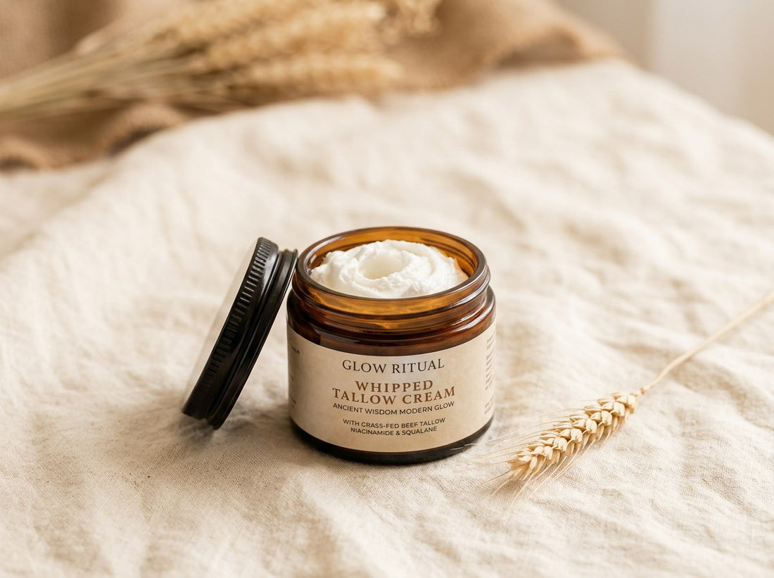 Glow Ritual Whipped Tallow Cream jar on cream linen