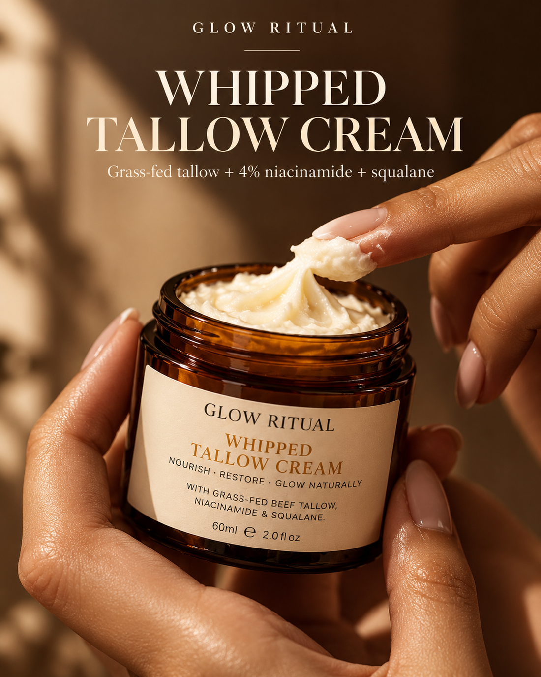 Hands holding a jar of Glow Ritual Whipped Tallow Cream