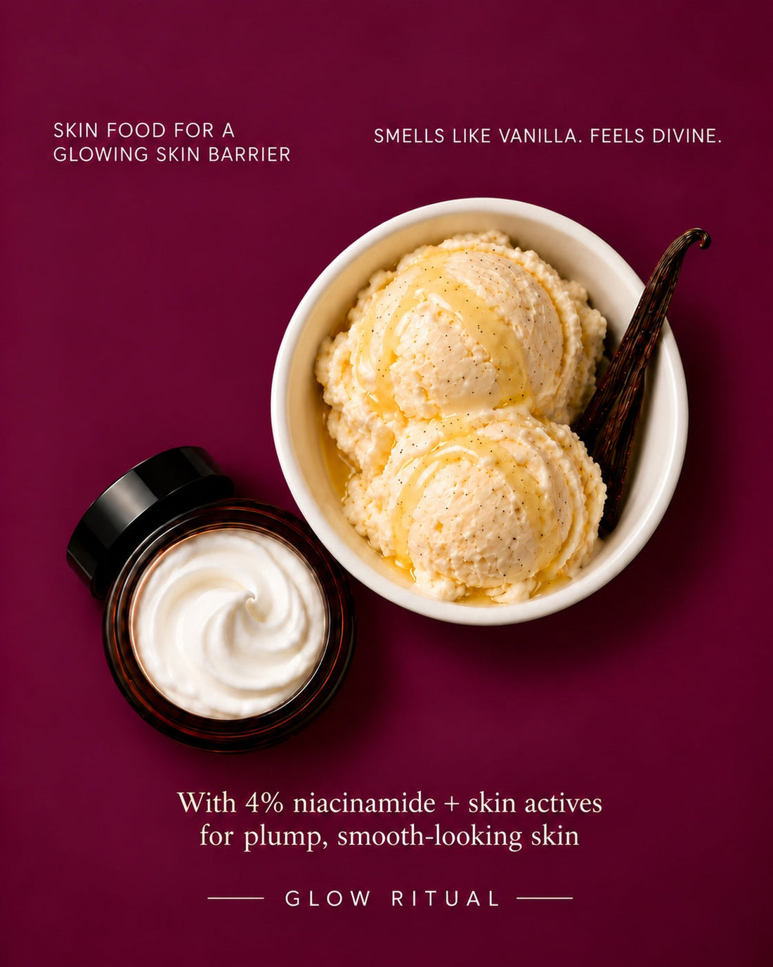 Whipped Tallow Cream swirl beside vanilla ice cream: Glow Ritual skin food with 4% niacinamide