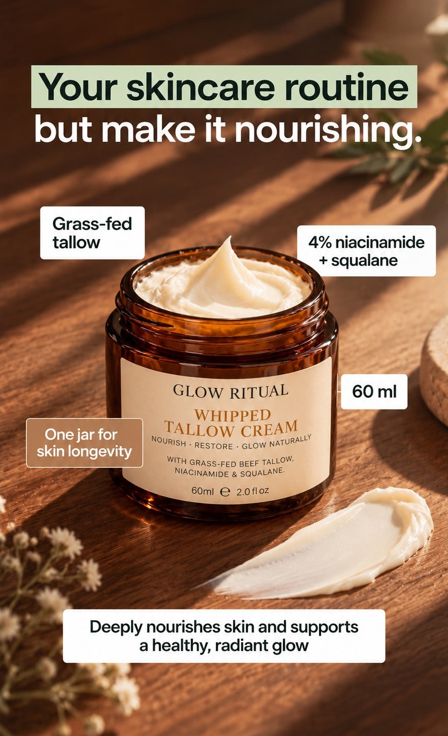 Glow Ritual Whipped Tallow Cream with grass-fed tallow, 4% niacinamide and squalane