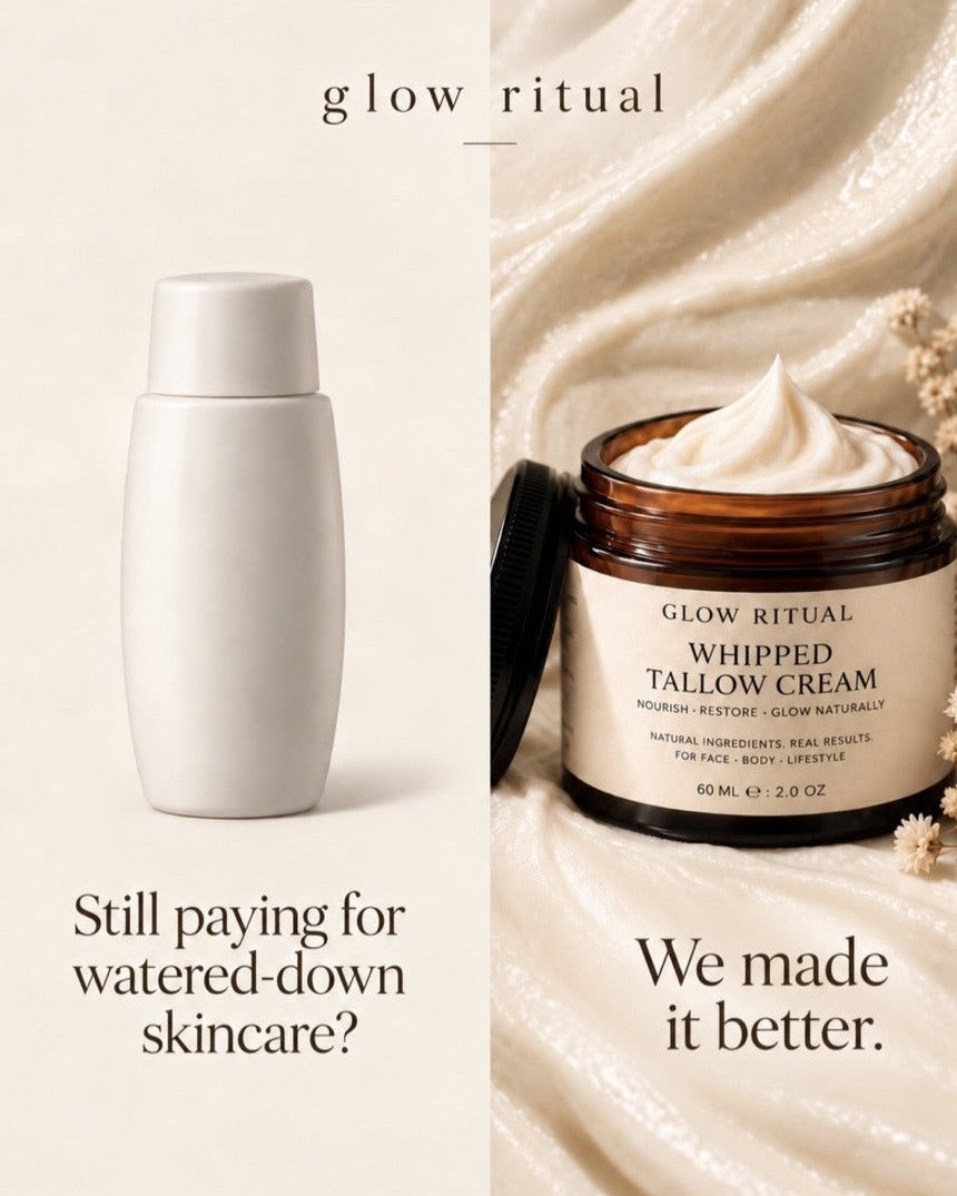 Glow Ritual waterless Whipped Tallow Cream beside a watered-down lotion bottle