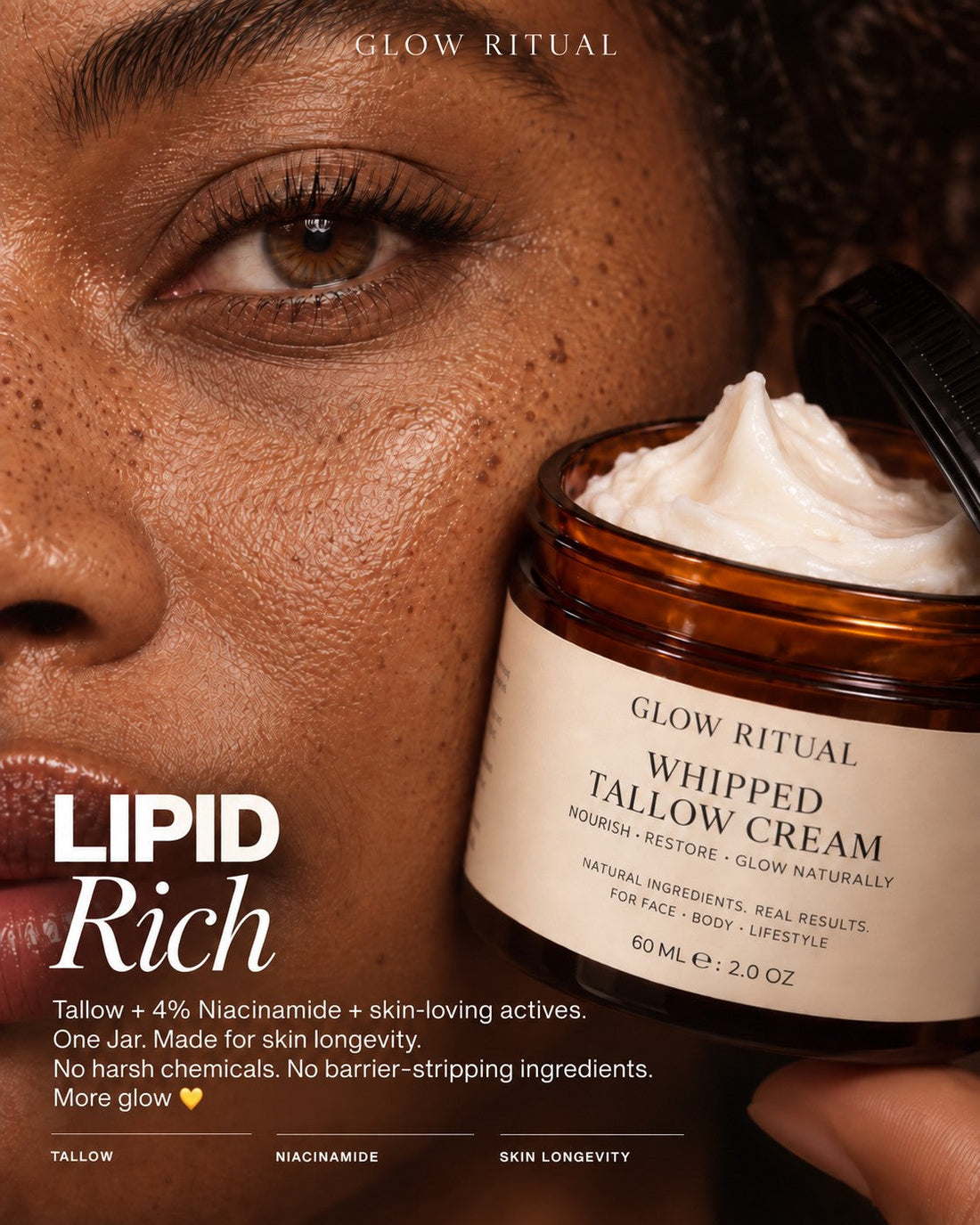 Woman holding Glow Ritual tallow face moisturiser for a simple skincare routine