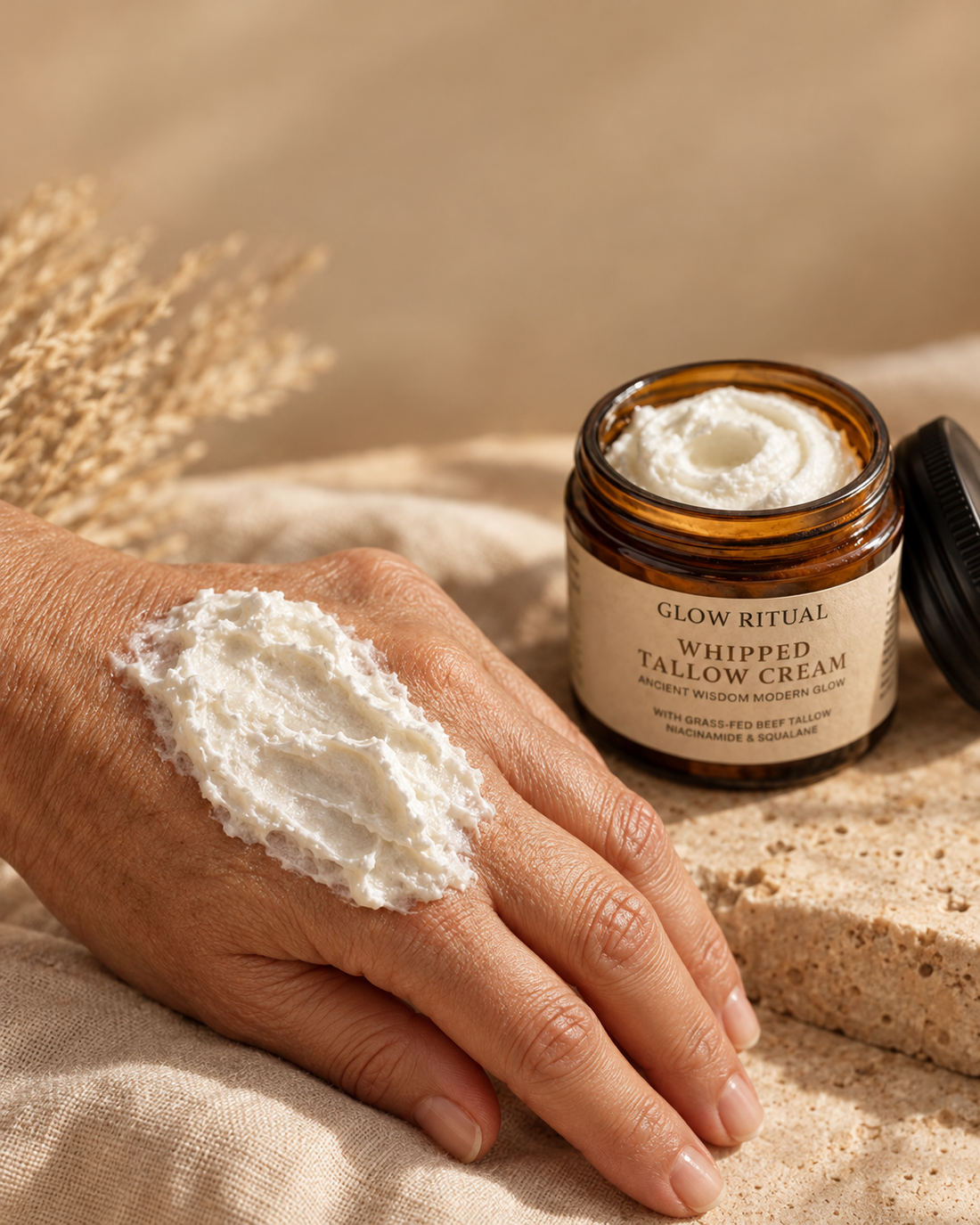 Glow Ritual whipped tallow cream swiped on the back of a hand