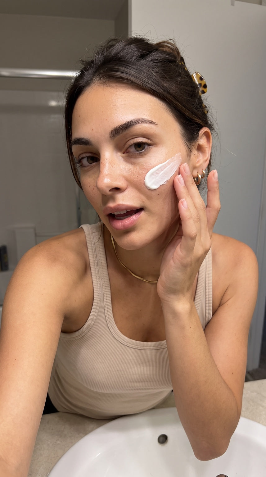 Woman gently applying Glow Ritual moisturiser to her cheek