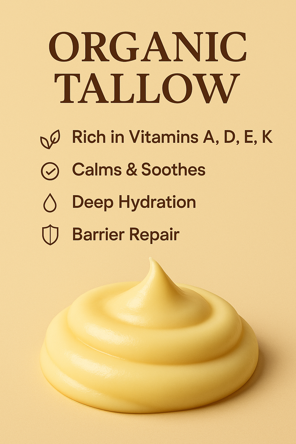Organic tallow product with benefits listed on a beige background