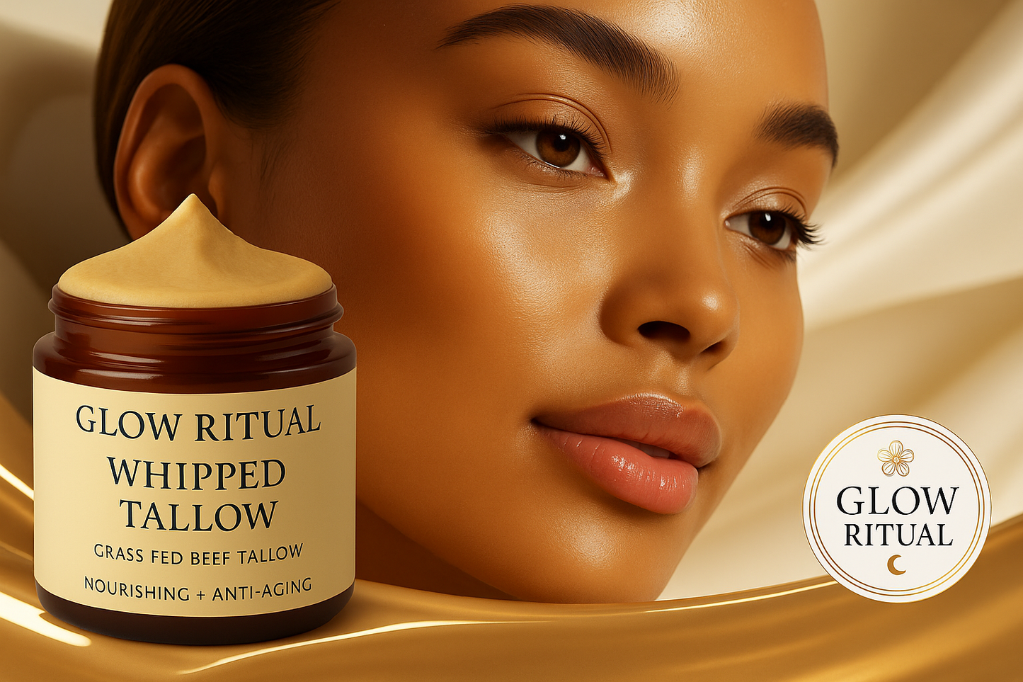 Glow Ritual whipped tallow product with a model and brand logo.