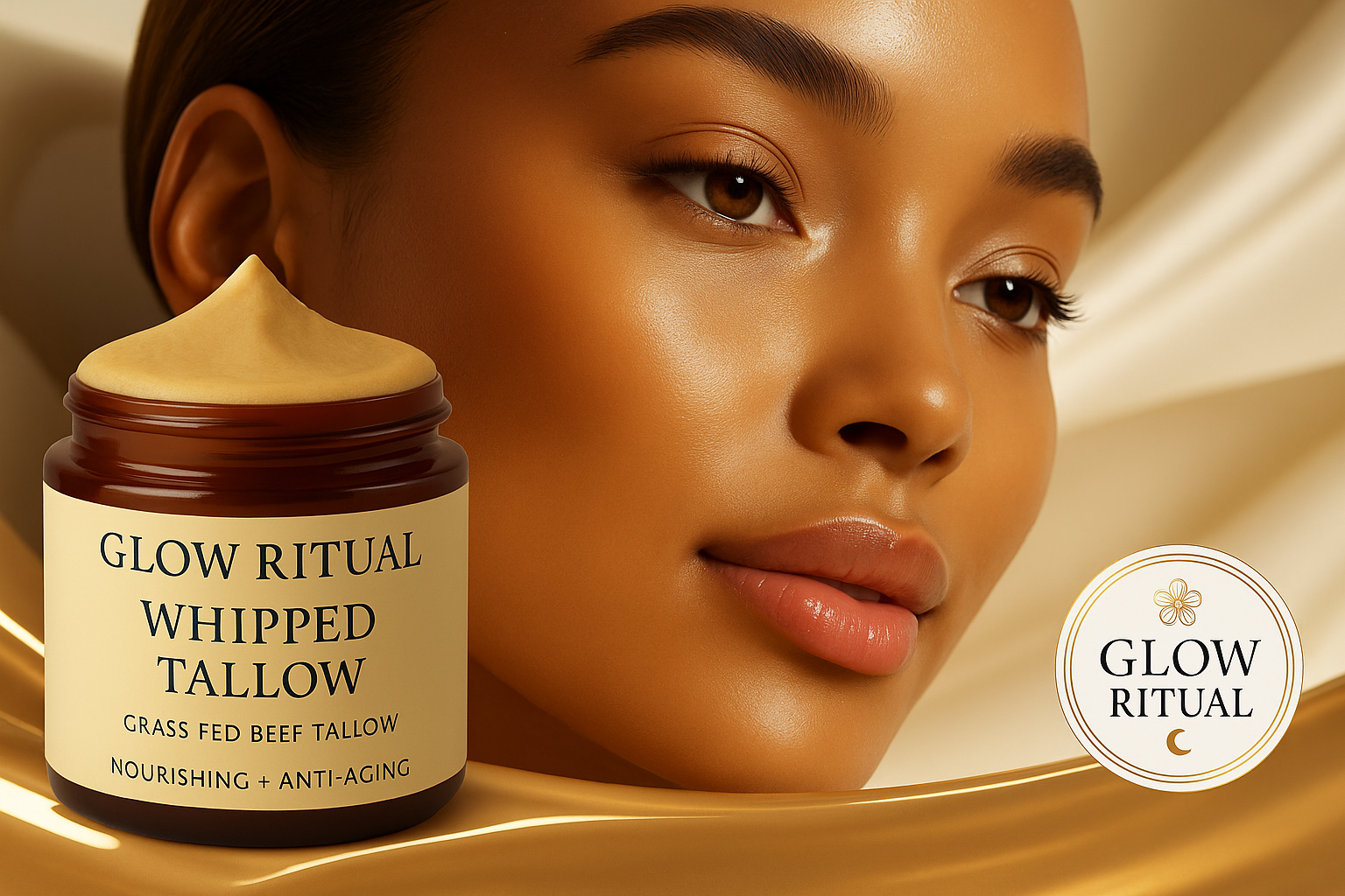 Glow Ritual whipped tallow product with a model and brand logo.
