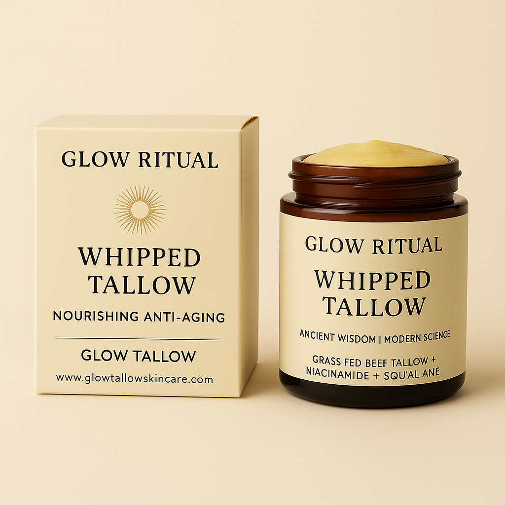 Glow Ritual Whipped Tallow jar and box on a beige background