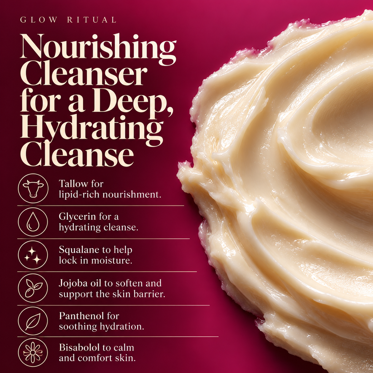 Glow Ritual Whipped Tallow Cleansing Balm texture with benefits: tallow, glycerin, squalane, jojoba oil, panthenol and bisabolol