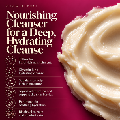 Glow Ritual Whipped Tallow Cleansing Balm texture with benefits: tallow, glycerin, squalane, jojoba oil, panthenol and bisabolol