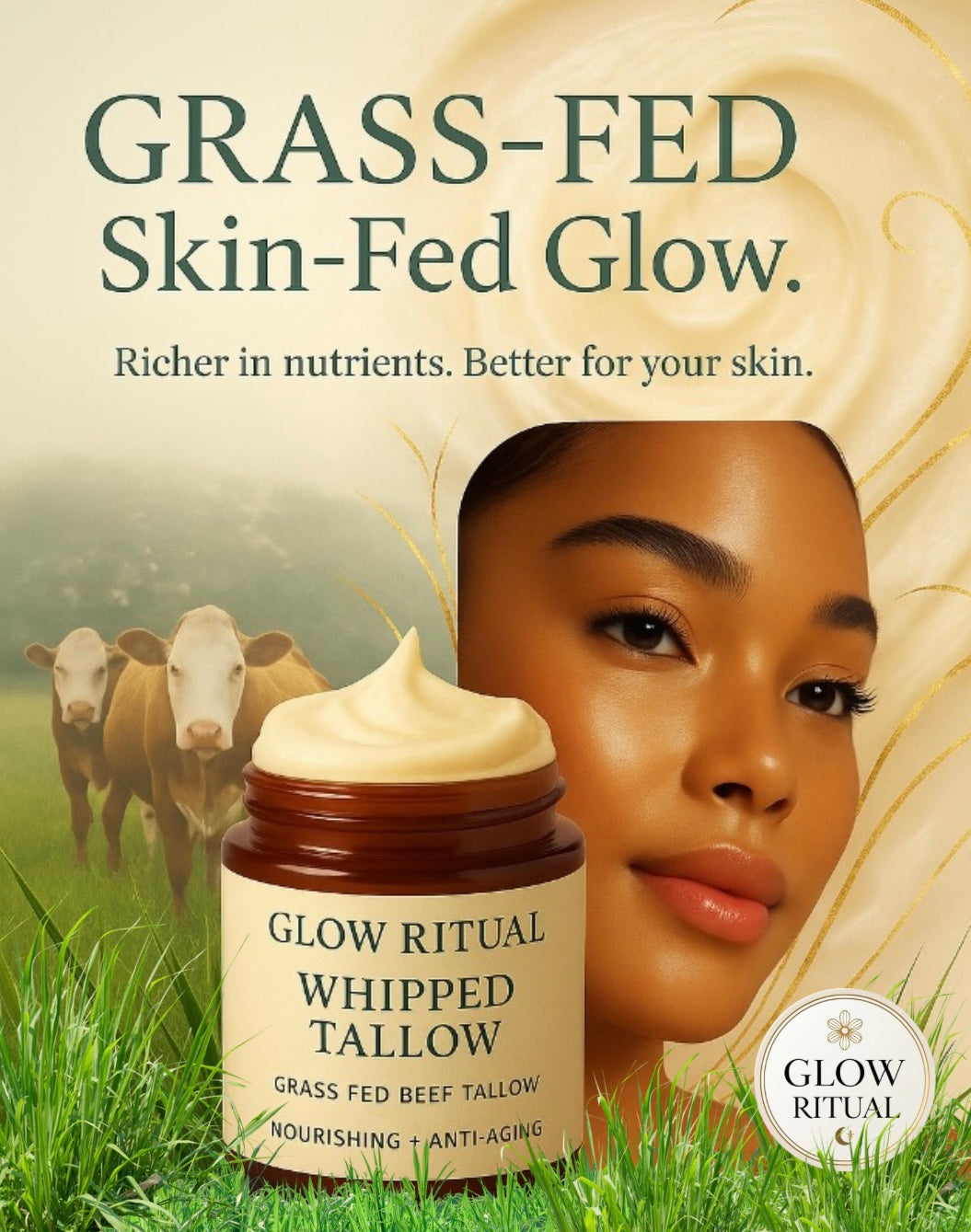 Advertisement for Glow Ritual Whipped Tallow with a jar of cream, a woman's face, and cows in a field.