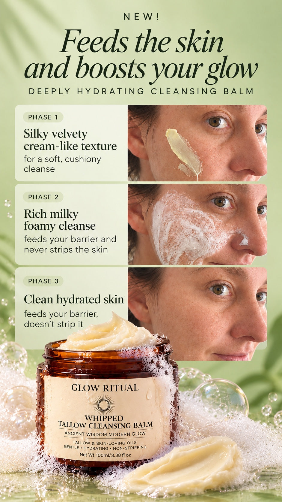 How the Whipped Tallow Cleansing Balm works in three phases: silky velvety balm, rich milky foamy cleanse, then clean hydrated skin
