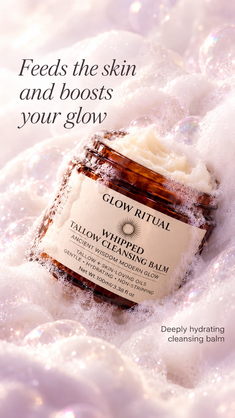 Whipped Tallow Cleansing Balm jar in soft foam: feeds the skin and boosts your glow, deeply hydrating cleansing balm