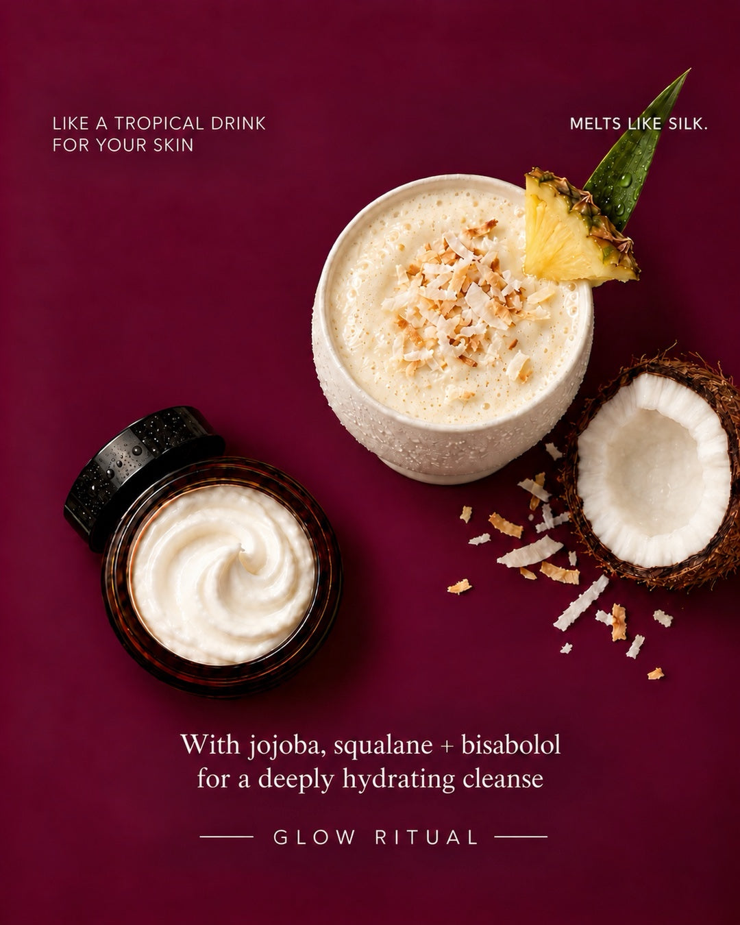 Whipped Tallow Cleansing Balm beside a coconut and pineapple drink: melts like silk, with jojoba, squalane and bisabolol for a deeply hydrating cleanse