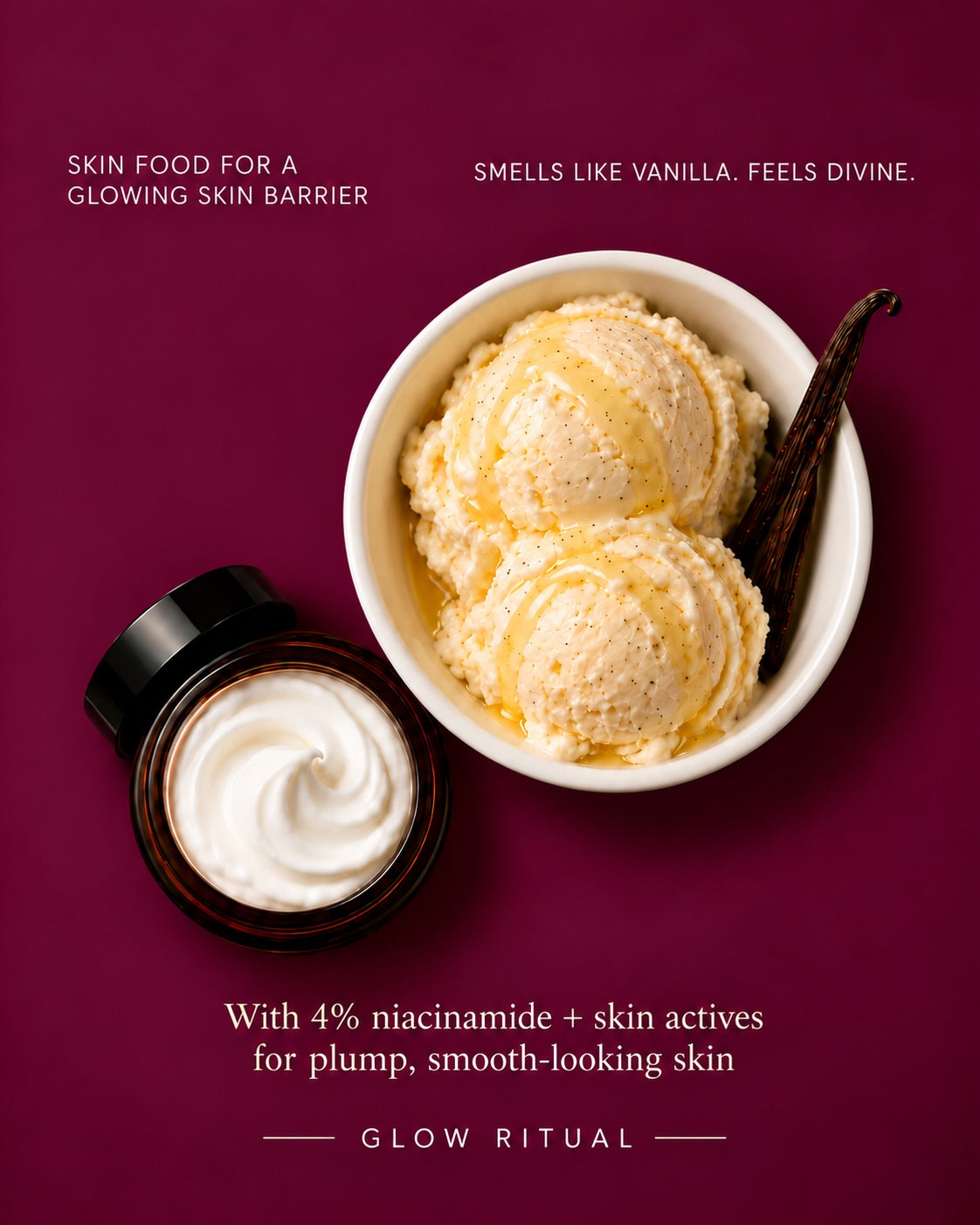 Whipped Tallow Cream swirl beside vanilla ice cream: skin food for a glowing skin barrier, with 4% niacinamide and skin actives for plump, smooth-looking skin