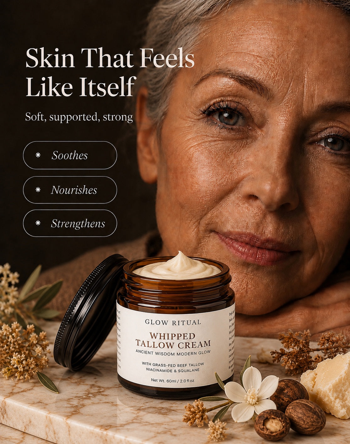 Skin that feels like itself: soft, supported, strong, with the Whipped Tallow Cream jar