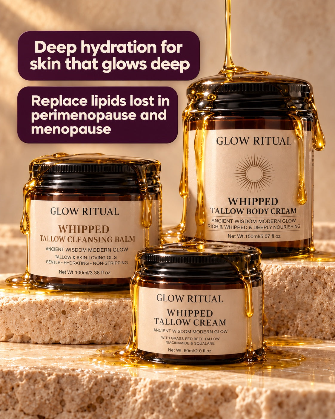Glow Ritual tallow trio – replace lipids lost in perimenopause and menopause
