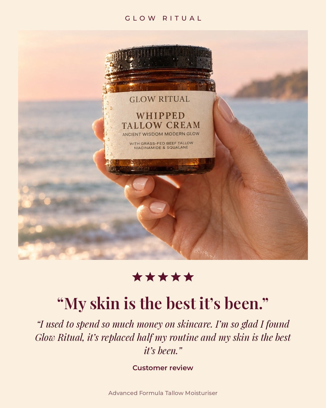 Five-star customer review card: My skin is the best it's been, with the Face Cream jar at the beach.