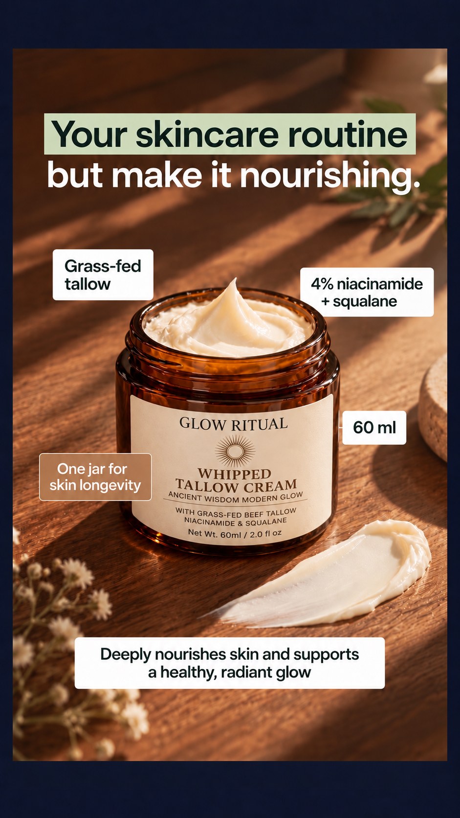 Your skincare routine but make it nourishing: Whipped Tallow Cream with grass-fed tallow, 4% niacinamide and squalane