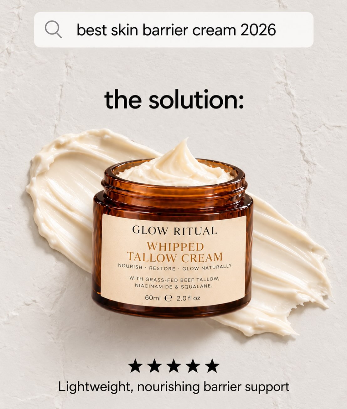 Whipped Tallow Cream – Grass-Fed Tallow • 4% Niacinamide • Squalane • Shea • Olive Oil • Vitamin E • Vanilla Extract
