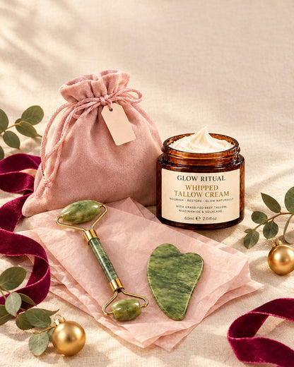 Jade roller, gua sha and pink velvet pouch gifted with Glow Ritual Whipped Tallow Cream