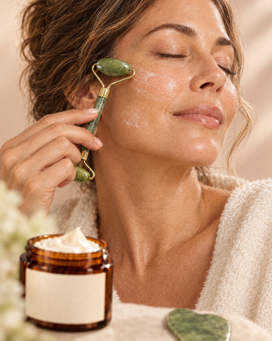Woman gliding the jade roller along her cheekbone over Glow Ritual Face Cream