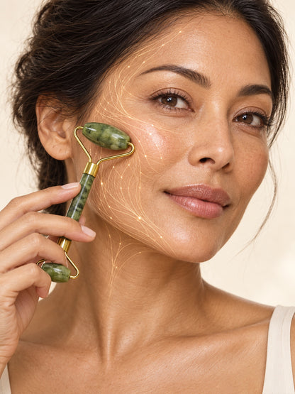 Woman massaging her cheek with the jade roller, gold lines showing the upward massage path
